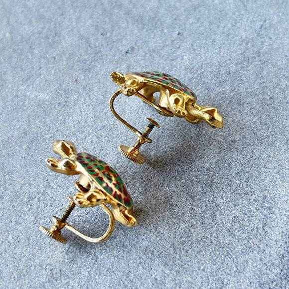 Lovely Vintage Green & Red Enamel Turtle Screw-back Earrings Gold-tone - Picture 10 of 16